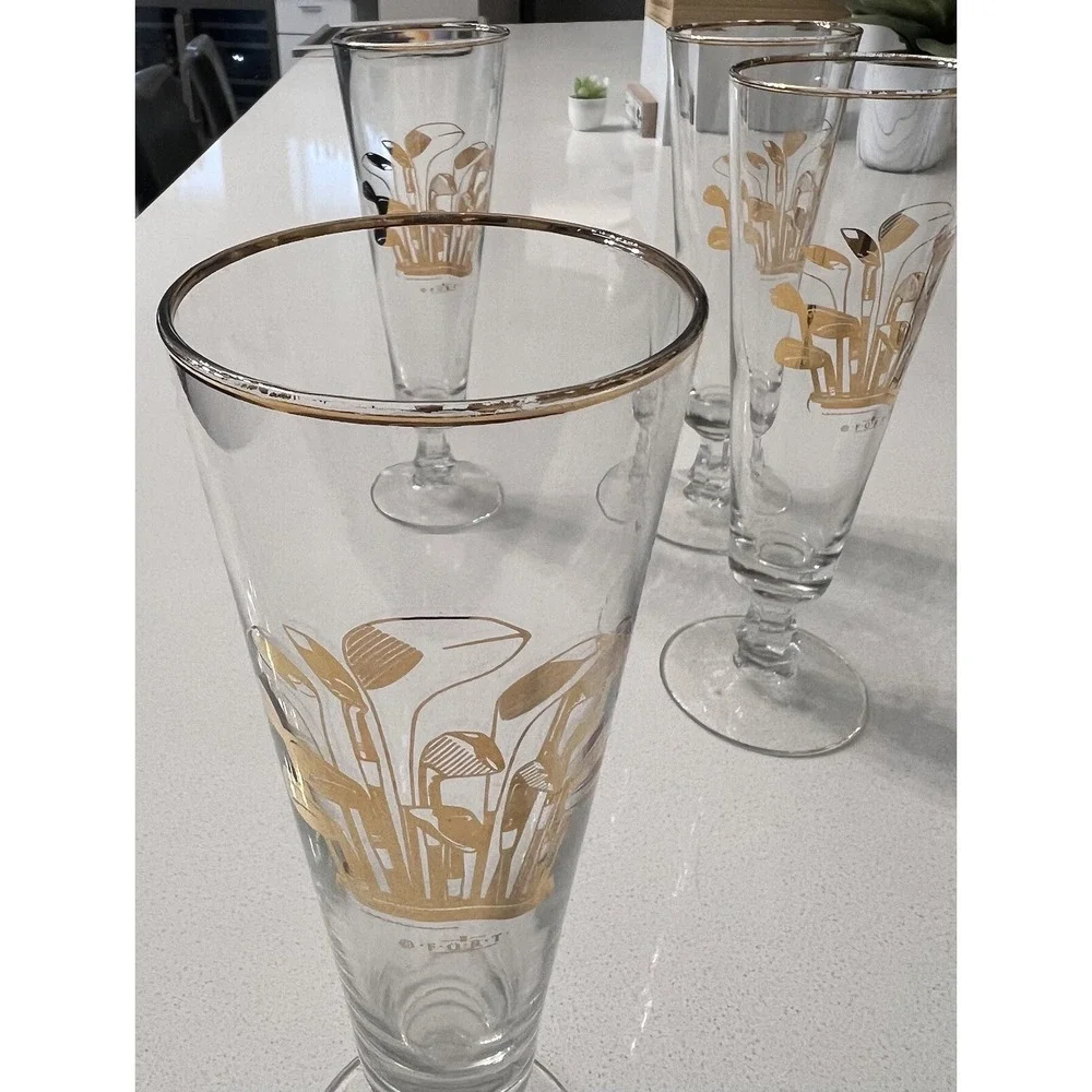 Vintage Clear Glass Champagne Glasses with Gold‎ Golf Clubs by F-O-R-T Set Of 4